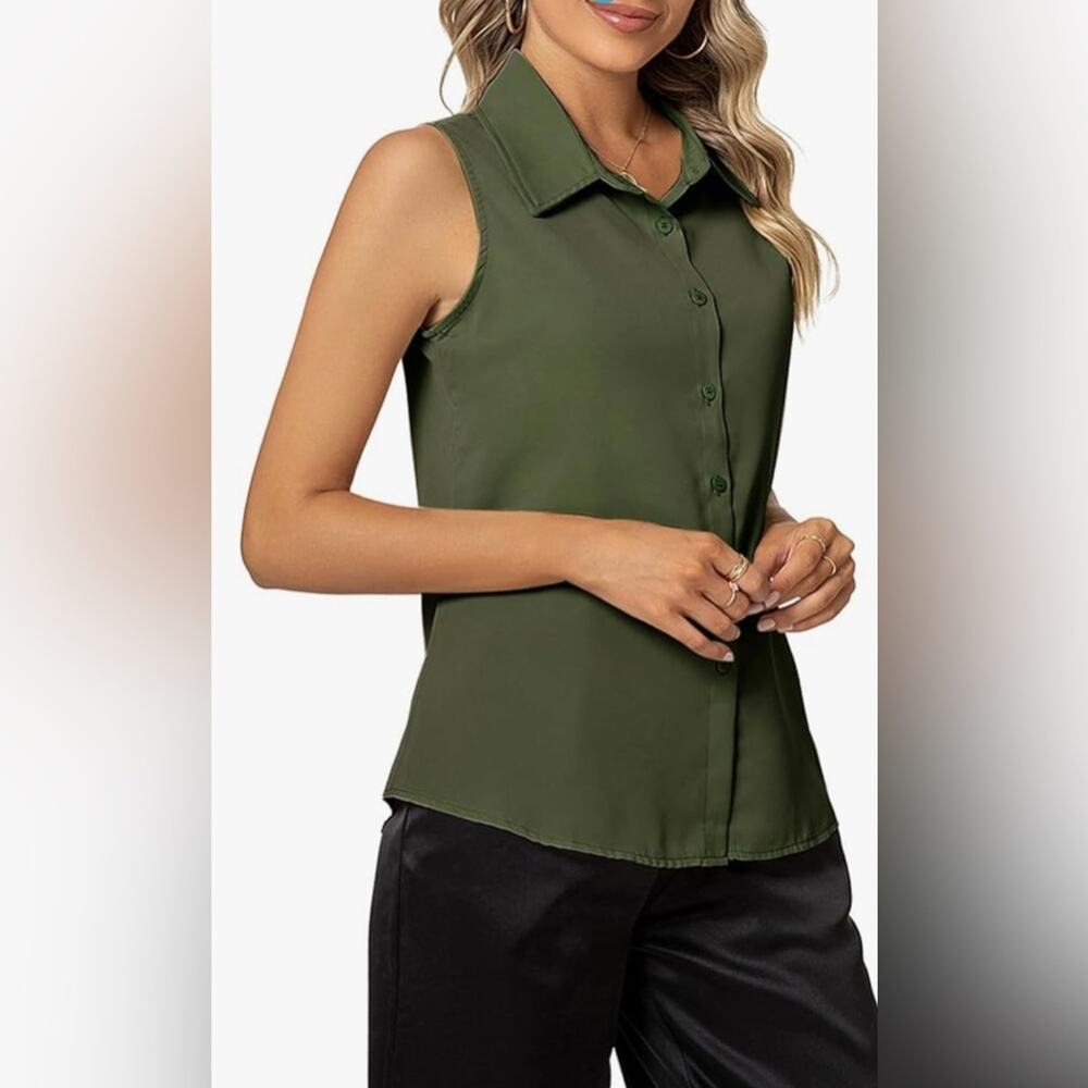 XL DressFo Olive Green Sleeveless Button-Up Women's Top 10